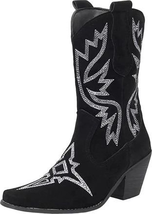 Generic Womens Western Mid Calf Boots Square Toe High Block Heel Slip On With Retro Embroidery Leisure Style Footwear