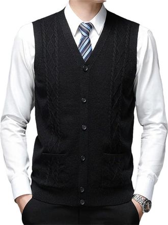Generic Mens Sweater Vest Wool Blend V Neck Button Sleeveless Cardigan Vest Sweater V Neck Sleeveless Knit Sweater Vest Black