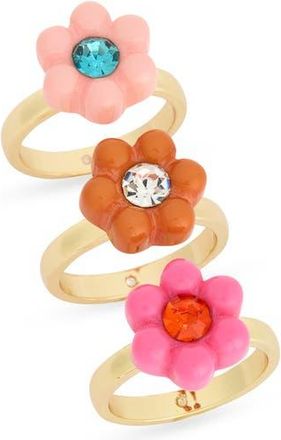 Nordstrom Rack Set of 3 Crystal & Resin Flower Rings in Pink Multi- Gold at Nordstrom Rack, Size 9