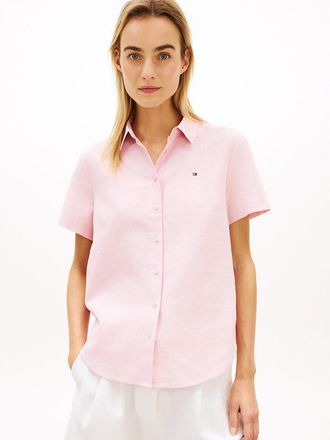 Tommy Hilfiger Womens Short-Sleeve Linen-Blend Shirt - Pink - XXL