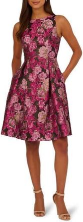 Adrianna Papell Metallic Floral Jacquard Fit & Flare Dress in Pink/Black Multi at Nordstrom Rack, Size 16