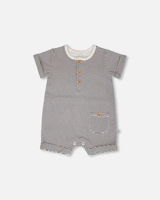 Deux par Deux Cotton Jersey Stripes Short Sleeves Romper in Black & Off White Stripes at Nordstrom, Size 12M