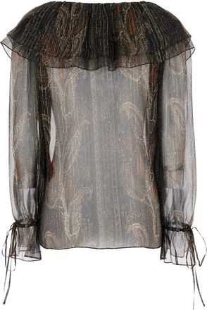 Saint Laurent Womens Multicolor Off-Shoulder Blouse With Poet Sleeves Silk Blouses Shirt