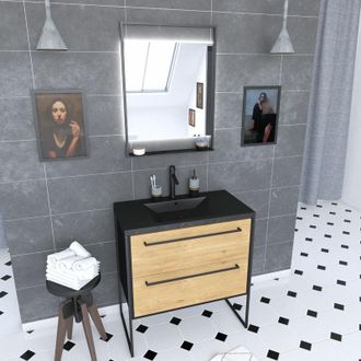 Aurlane Aurlane - Mueble De Ba&ntilde;o 80x50 Cm Negro- 2 Cajones Acabado Roble Natural- Lavabo Blanco- Espejo Led