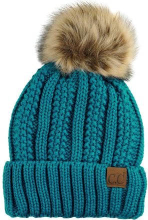 C.C Fleece Lined Cable Knit Faux Fuzzy Fur Skull Cap Cuff Beanie with Pom, Teal
