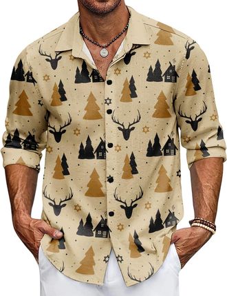 Generic Mens Christmas Shirt Long Sleeve Xmas Holiday Party Dress Shirts Button Down Funny Print Hawaiian Santa Shirt (UK, Alpha, 5XL, Regular, Regular, Style