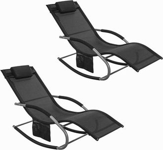 SoBuy SoBuy Set of 2 Sun Lounger Garden Chair Recliner with Cushioned Pillow & Side Pocket Garden Rocking Chair with Steel Frame Outdoor Furniture Black