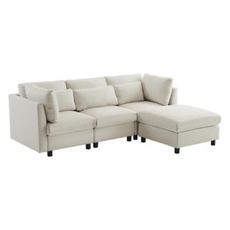 STILVORA Sof&aacute; Esquinero Reversible 3 Plazas En Lino Con Taburete M&oacute;vil, Respaldo Alto Y 5 Cojines, Beige