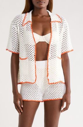 Elan Crochet Button-Up Cover-Up in White at Nordstrom, Size X-Large