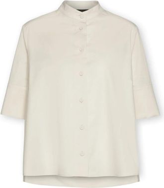 Elena Miro Mandarijnkraag Shirt - Dames - Overhemden - Beige - L - Katoen - Overhemden