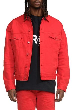 Purple Lava Palms Oversize Stretch Denim Trucker Jacket in Red at Nordstrom, Size Large