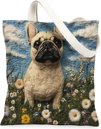 Generic Spring French Bulldog Dog Canvas Tote Bag for Shopping 13x15, Knitting Style Garden Puppy Reusable Grocery Print Pattern Bag for Women, Fun Pet Beach 