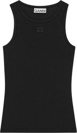 Ganni Soft Cotton Rib Tanktop - Dames - Tops zonder mouwen - Zwart - XL - Katoen - Tops