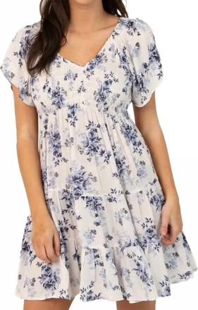 Angie V Neck Smocked Bust Short Sleeve Floral Print Dress In Ivory Multi