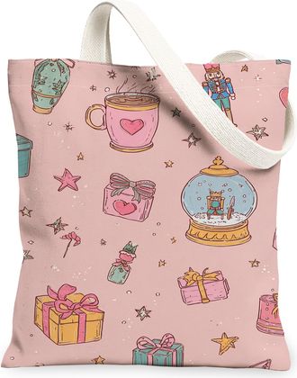 Generic Festive Gift Pattern Canvas Tote Bags, Cute Holiday Illustrations Reusable Shopping Bags, Lightweight Washable Shoulder Str, Peach, 13x15 Inch