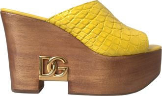 Dolce & Gabbana Gele Leren Houten Muilezels Wedge Sandalen Schoenen