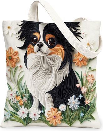 Generic Paper Quilling Japanese Chin Dog Canvas Tote Bag for Shopping 13x15, Fun Wildflower Puppy Reusable Grocery Print Pattern Bag for Women, Pet Beach Aest