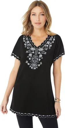 Roaman's Floral Embroidered Tee in Black White Embroidery at Nordstrom, Size 36