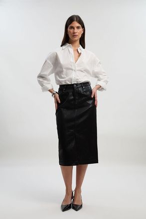 Karen Millen Womens Metallic Coated Denim Pencil Midi Skirt - Black Cotton - Size 16 UK