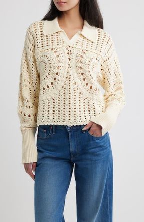 Farm Rio Crochet Cotton Johnny Collar Polo Sweater in Off-White at Nordstrom, Size Xx-Small
