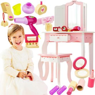 OEM Tocador De Madera Rosa Con Triple Caj&oacute;n Y Espejo + Silla + 8 Accesorios