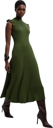 Karen Millen Pointelle Frill Sleeve Knit Midi Dress in Olive at Nordstrom, Size Medium