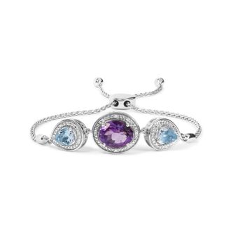 House of Brilliance 925 Sterling Silver Oval Amethyst and Pear Blue Topaz with Diamond Accent Lariat 4-10 Adjustable Bolo Bracelet (H-I Color, SI1-SI2 Clarity)