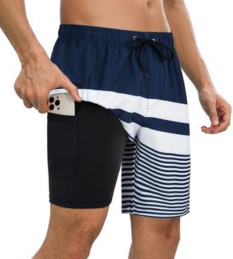 SHEKINI Mens Quick Dry Swimming Trunks with Compression Liner 2 in 1 Beach Shorts with Zip Pockets, Blue White, XX-Large