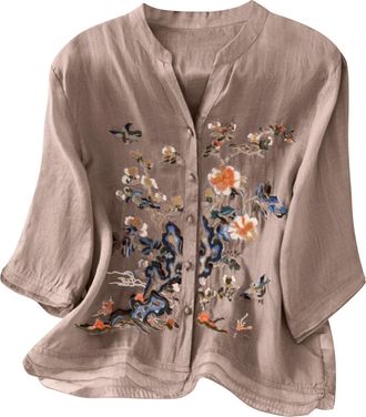 Generic Ladies Linen Tops Long Sleeve T Shirt Summer Tops Tshirts Women UK Women Tops Blouses for Women UK V-Neck Long Sleeves Embroidered Buttons Cotton and 