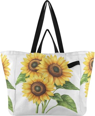 Generic Sunflowers Leaves White print Reusable Canvas Tote Bag, Heavy Duty Grocery Shopping Bag with Large Capacity Double Handles Hard Bottom Work Groceries 