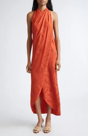 Johanna Ortiz Silent Water Palm Jacquard Drape Satin Top in Rust at Nordstrom, Size 10