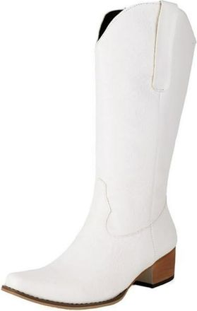 Generic Womens Pull on Western Cowboy Boots Pointed Toe PU Leather Knee High Boots Block Heel Long Boots with Embossed Floral,White,7.5 UK