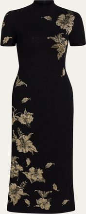 Oscar De La Renta Metallic Hibiscus Flower Knit Short-Sleeve Midi Dress