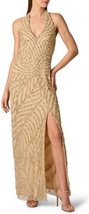 Aidan Mattox Sunburst Bead Detail Halter Neck Gown in Gold at Nordstrom, Size 12