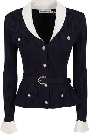 Self Portrait Structured Navy Ribbed Knit Cardigan