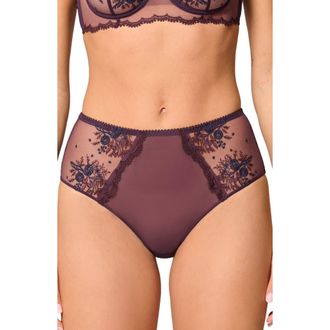 Simone P&eacute;r&egrave;le Intrigue Floral Embroidered Briefs in Fig at Nordstrom, Size Small