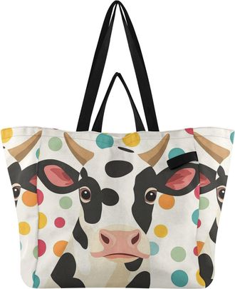 Generic Cow Colorful Dot pattern Reusable Canvas Tote Bag, Heavy Duty Grocery Shopping Bag with Hard Bottom Double Handles Large Capacity Work Groceries Trave