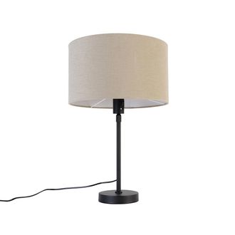 QAZQA Dise&ntilde;o L&aacute;mpara De Mesa Negra Regulable Con Pantalla Marr&oacute;n Claro 35 Cm - Parte Acero /textil Redonda Adecuado Para Led Max. 1 X 60 Watt - Qazqa