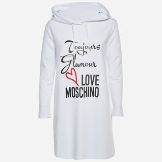 Love Moschino White Logo Print Cotton Knit Hooded Sweatshirt Dress