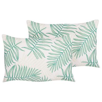 Beliani Conjunto De 2 Cojines De Jard&iacute;n Almohada De Exterior 40 X 60 Cm Poli&eacute;ster Motivo Hojas Palmera Beige Y Verde Poggio
