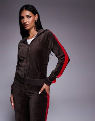 Juicy Couture Felpa con cappuccio marrone e rossa con riga laterale e zip in coordinato-Multicolore