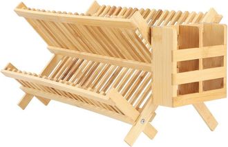 MegaChef 2-Tier Collapsible Bamboo Drying Dish Rack With Utensil Holder