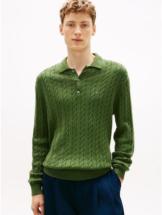 Tommy Hilfiger Mens Cable Knit Sweater Polo - Green - XL
