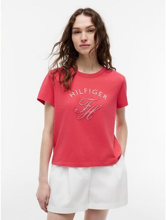 Tommy Hilfiger Womens Gingham Script Monogram T-Shirt - Pink - XXL