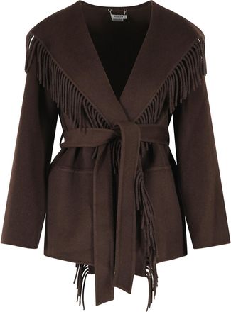 SIMKHAI Brown Wool Blend Jacket with Fringed D&eacute;cor and Belted Waist