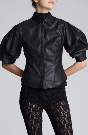 Kenneth Cole Faux Leather Snap Front Shirt in Black at Nordstrom, Size X-Small
