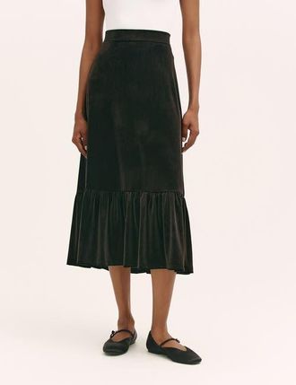 Finery Joline Velvet Tiered Midi Skirt in Black at Nordstrom, Size 14