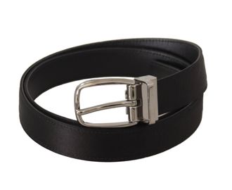 Dolce & Gabbana Black Calf Leather Silver Logo Metal Buckle Mens Belt