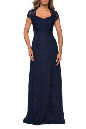 La Femme Cap Sleeve Floral Gown with Sweetheart Neckline in Navy at Nordstrom, Size 14