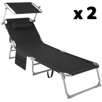 TecTake 2 tumbonas plegables 190 x 68 x 28 cm con bolsillo lateral negro